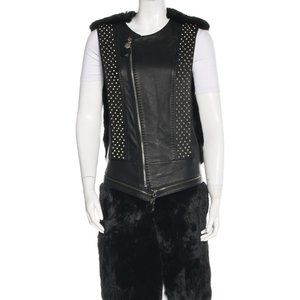THOMAS WYLDE BLACK LEATHER FUR VEST W/ SILVER SPIKE STUDS